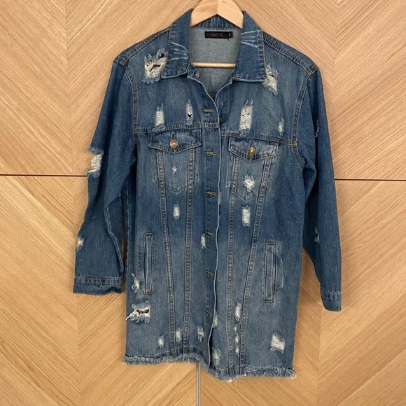 Fanco Long Distressed Denim Jacket with Graffiti & Embroidered Floral Detail - Picture 2 of 6